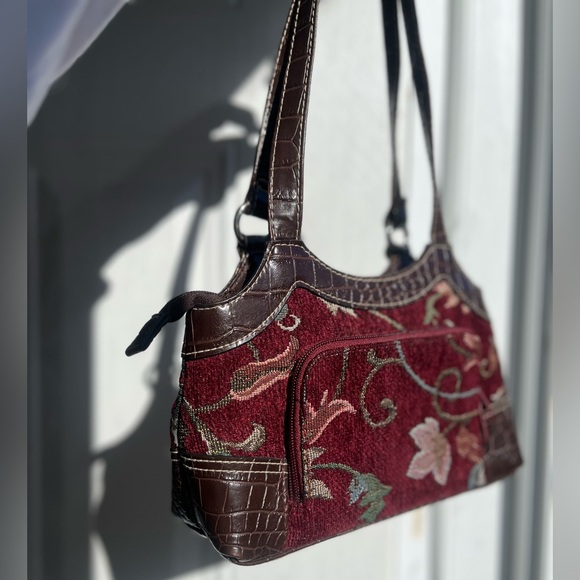 VTG Y2K Cottagecore Maroon Carpet Bag Tapestry purse w/ brown Croc faux leather - Picture 16 of 16